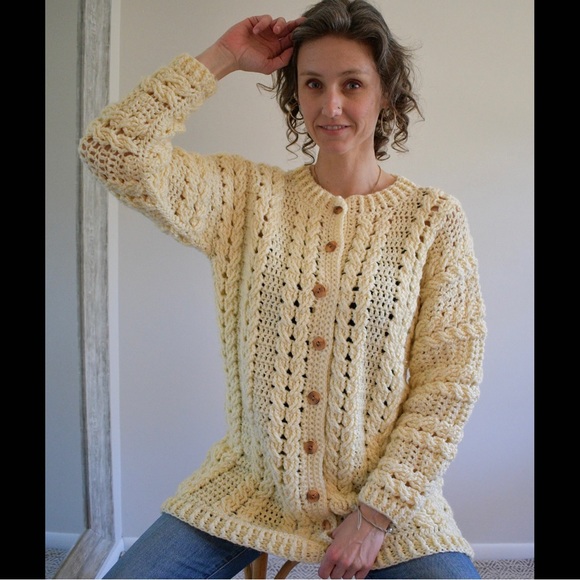 Chunky Buttery Yellow Hand Knit Cardigan, Medium - Picture 2 of 10